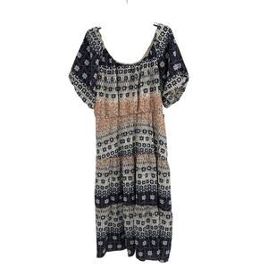 Black Tape_ Floral & Geometric Midi Dress in Navy, Cream & Peach